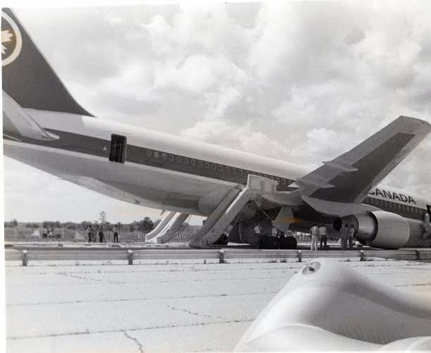The Gimli Glider aircraft on the runway at Gimli after its emergency landing